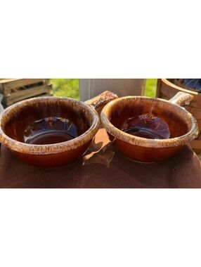 Vintage Hull Brown Drip Oven Proof Handled Bowls Set of 2 USA 1960s-70s